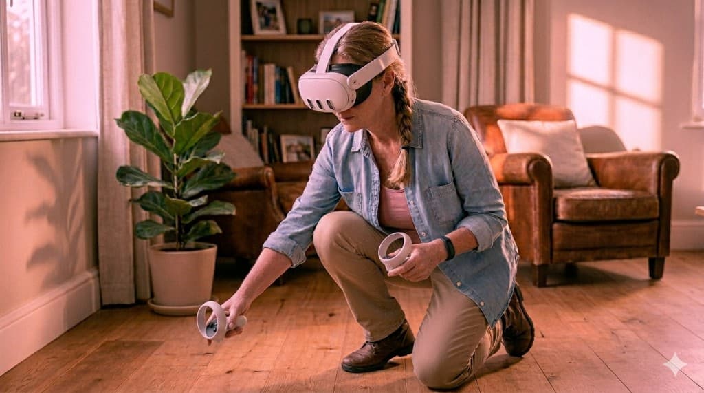 Patient using VR headset for chronic pain therapy at home